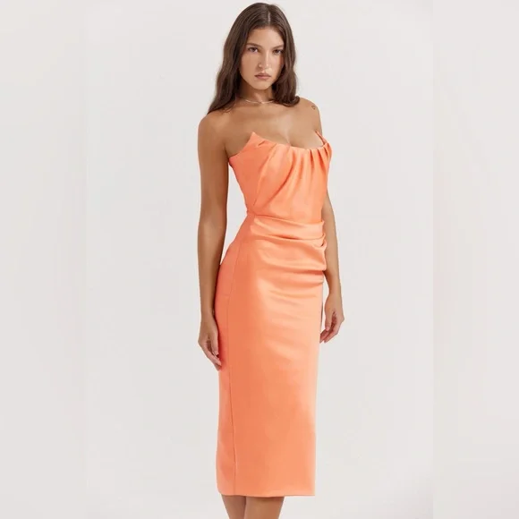 HOUSE OF CB ALORA TANGERINE STRAPLESS CORSET MIDI DRESS, Size Small,$255 - Picture 7 of 15